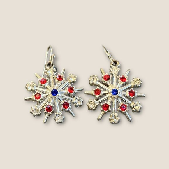 Snowflake Earrings With Blue & Red Rhinestones Silver Tone - Picture 1 of 3